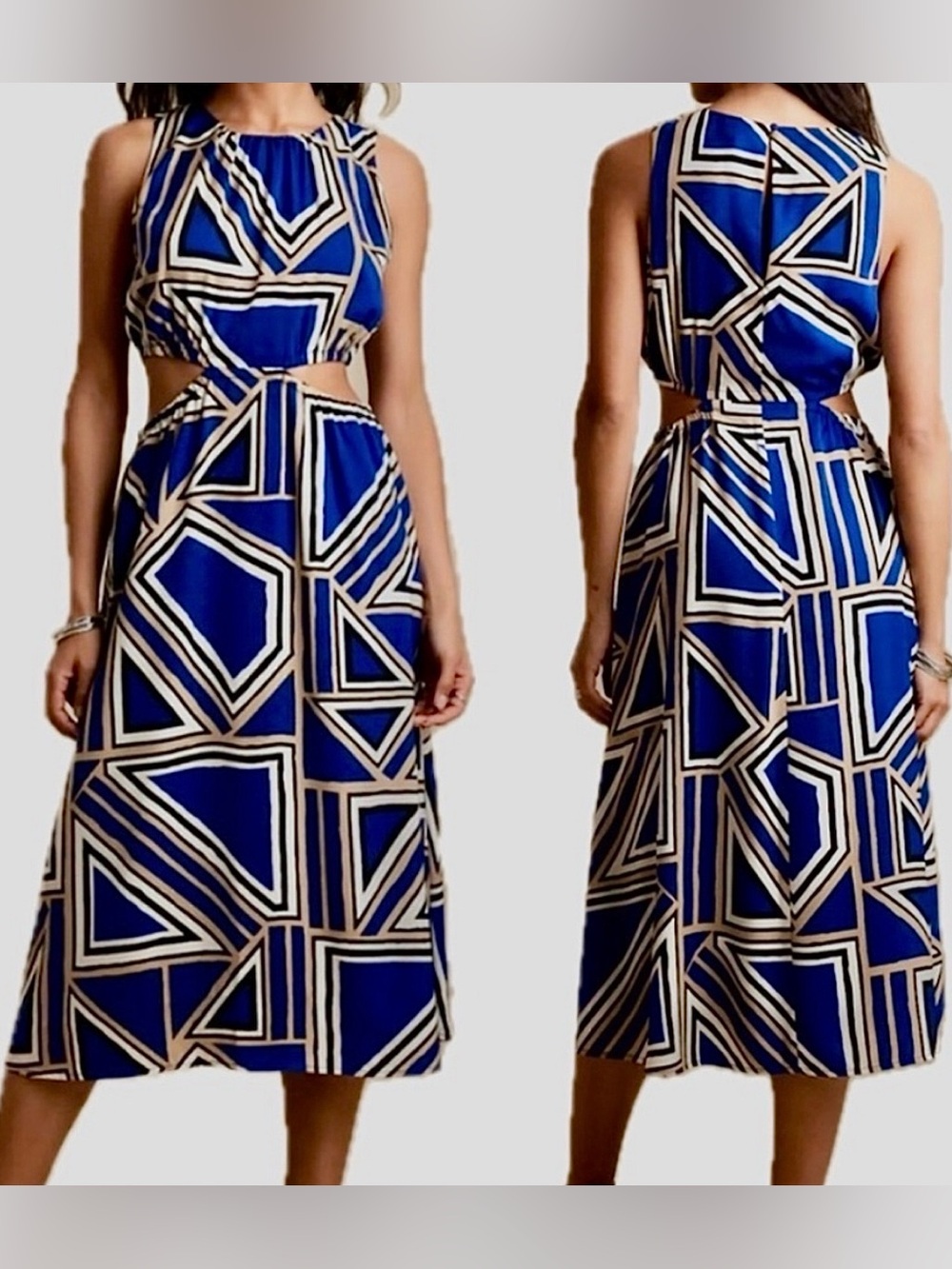 Banana Republic Cut Out Midi Dress Lazuli Blue Sleeveless Geo Mod Print M